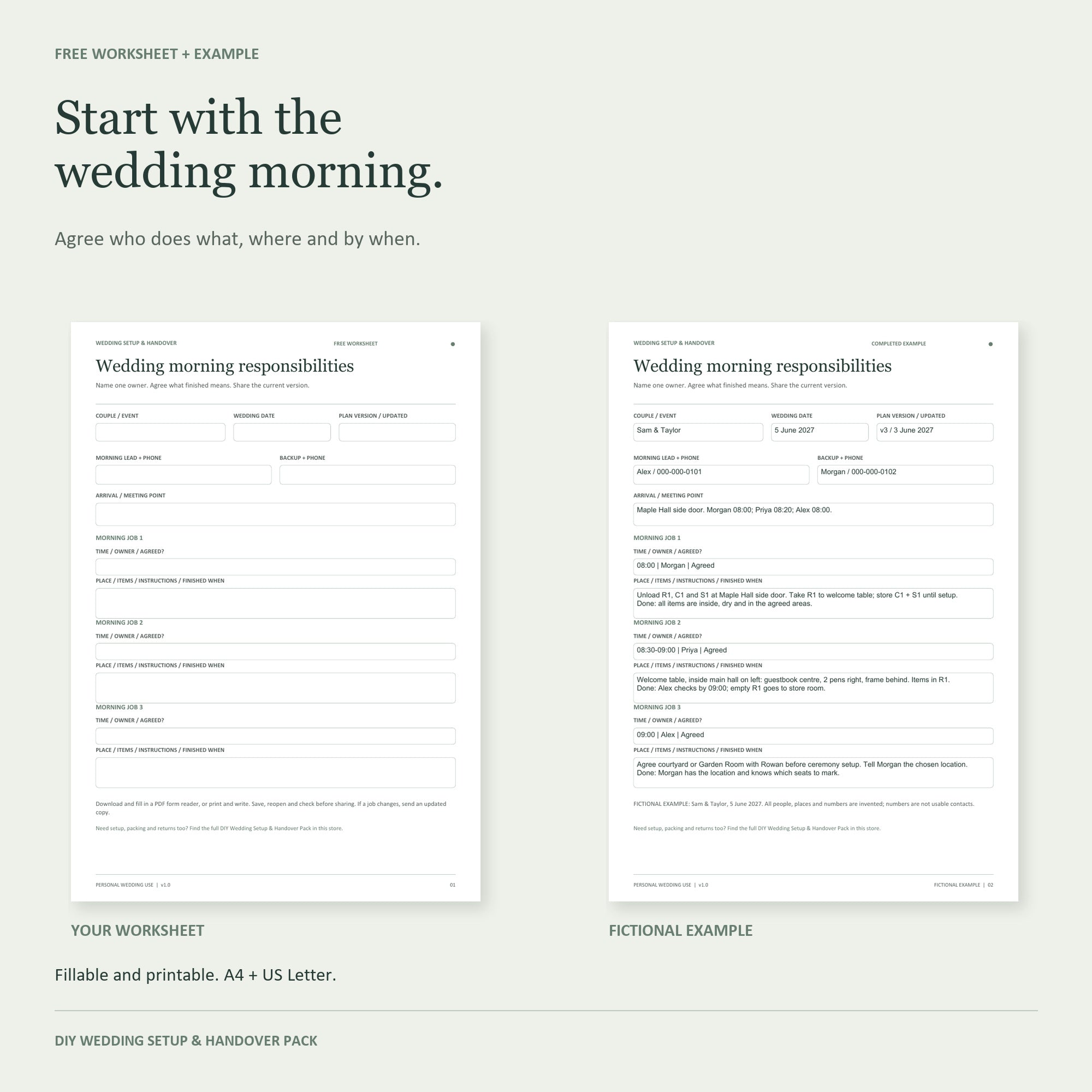 Free wedding morning responsibility sheet with a fictional completed example